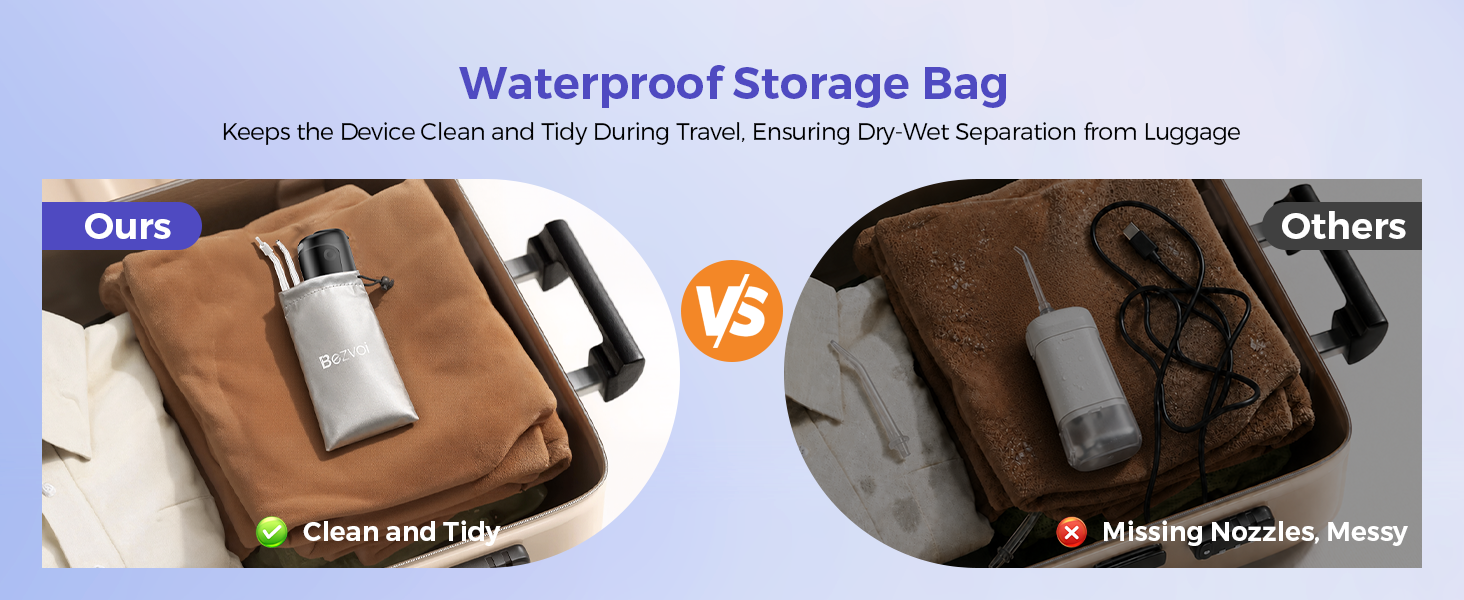 Text reads 'Waterproof Storage Bag'. Split-panel product comparison image showing brown/tan and dark colored storage bags with multiple compartments and organizational pockets.