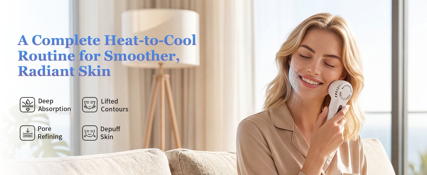 Woman in satin pajamas uses a facial device on a couch, with product feature text displayed.