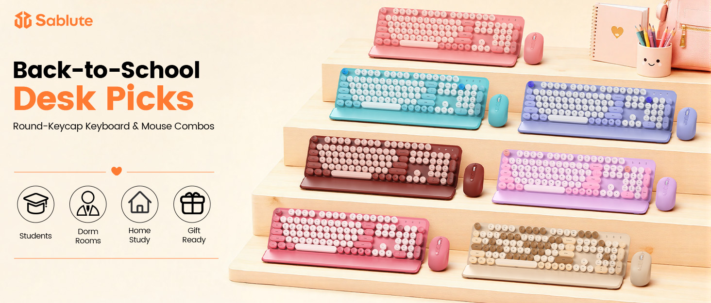 Colorful round-key keyboard and mouse combos displayed on steps for back-to-school desk picks.