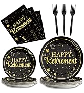 96 Pcs Retirement Party Plates Napkins Tableware Set Happy Retirement Supplies Black and Golden D...