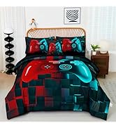 PERFEMET 6 Pcs Gamer Bed Set Twin Size Red and Teal Game Console Kids Bed in A Bag Set Soft Fluff...