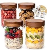 EDELHAUS Overnight Oats Containers with Lids Acacia (4 x 16oz) Glass Jars for Oatmeal, Meal Prep,...