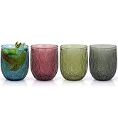 Topsky Vintage Drinking Glass Set of 4,12 oz Embossed Willow Leaf Drinkware Set,Colorful Drinking...