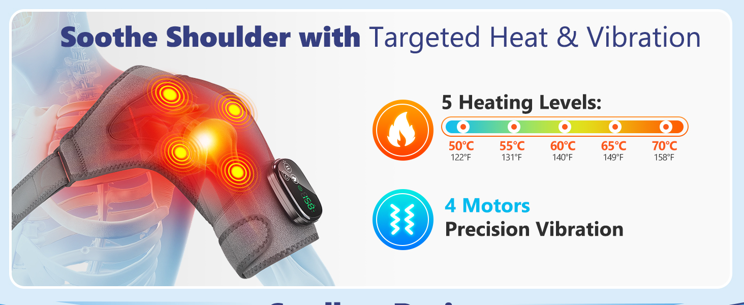 Shoulder heating pad with 5 heat levels and 4 precision vibration motors for targeted relief.