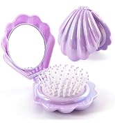 Iridescent Shell Folding Hair Brush with Mirror, Compact Travel Size Mermaid Hair Brush for Purse...