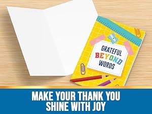 A set of vibrant teacher thank you cards are displayed on the table.