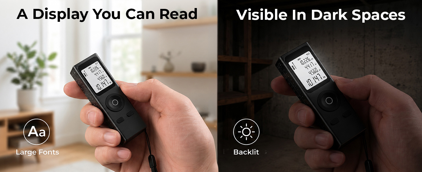 Digital laser tape measure with large backlit display, shown readable in bright and dark rooms