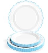 30 Pcs Blue and White Paper Plates; 15 x 7 inch & 15 x 9 inch White Disposable Plates with Blue T...
