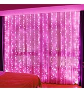 HXWEIYE 300LED Pink Fairy Curtain Hanging Lights with Remote 8 Modes Timer for Bedroom, 9.8x9.8Ft...