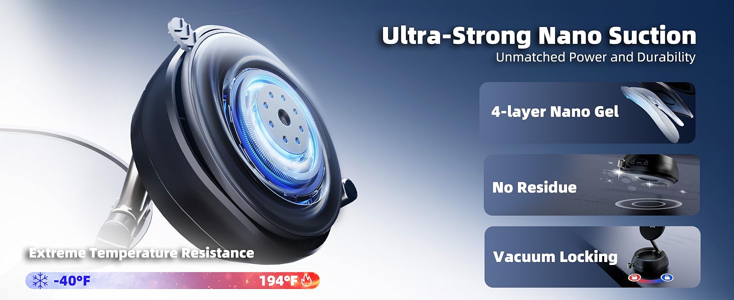 Vacuum suction phone mount with 4-layer nano gel. Reliable phone holder for car in heat.