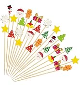 100PCS Christmas Cocktail Picks, Xmas Tree Snowman Bell Santa Claus Themed Toothpicks Fancy Bambo...