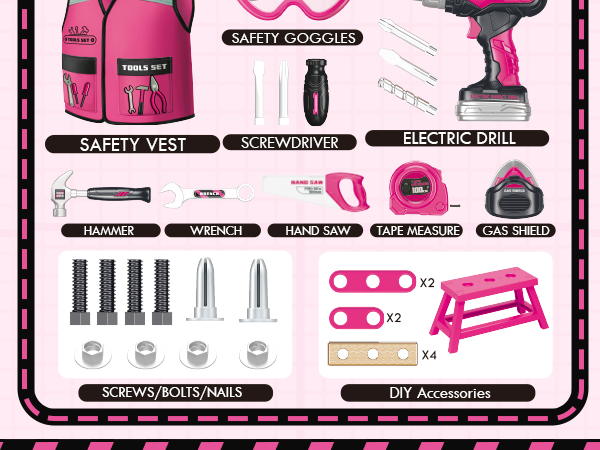 Pink-themed tool set display showing safety vest, goggles, electric drill, screwdriver, hammer, wrench, saw, measuring tape, and various accessories.