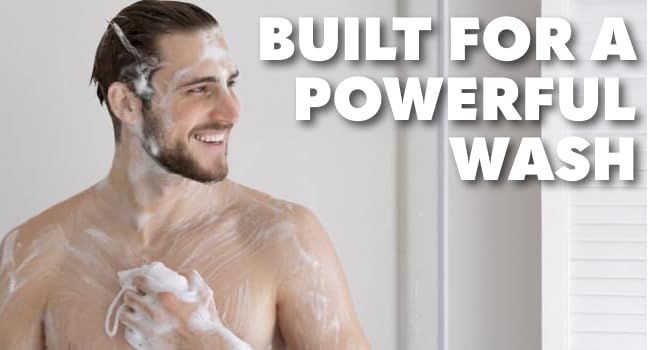 man in the shower using loofah with body wash
