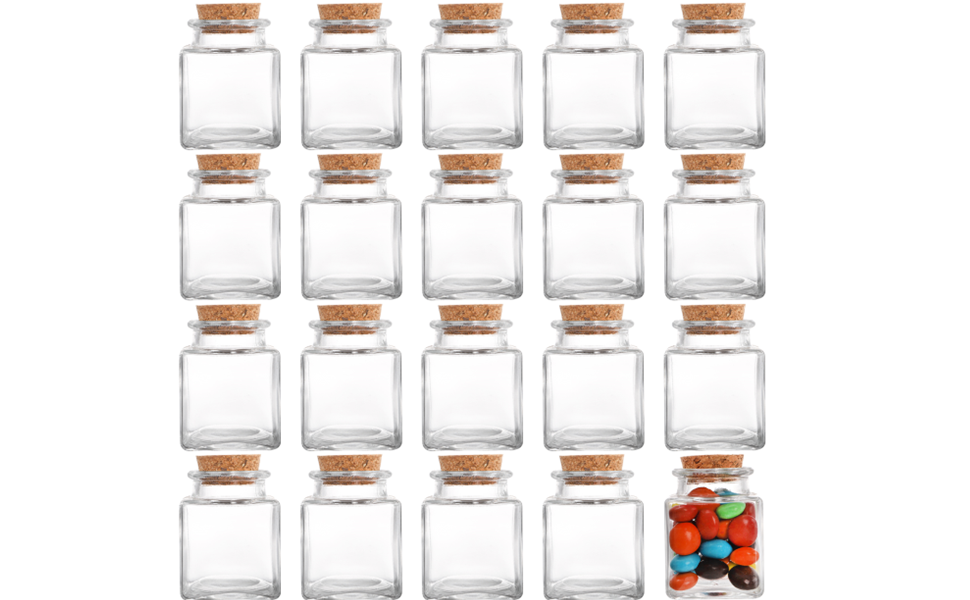 Dicunoy 20 PCS Glass Favor Jars with Cork Lids, 2oz Square Bottles for Herb Storage