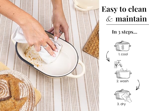 Text reads 'Easy to clean & maintain' and 'In 3 steps...' Demonstration of cleaning process on white plate with illustrated step icons showing cool, wash sequence.