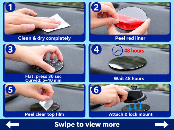Six installation steps: clean, dry, peel, press, wait 48 hours, remove top film and attach mount.