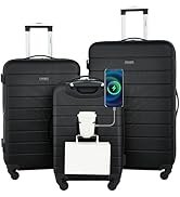 Wrangler Smart Luggage Set with Cup Holder and USB Port, Black, 3 Piece Set