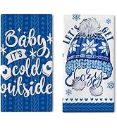 Croar Baby It's Cold Outside Kitchen Dish Towels Set of 2, Blue Knit Hat Let's Get Cozy Drying Ha...