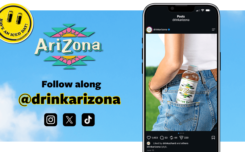 Blue sky with clouds and an AriZona logo and their instagram handle with an iphone model in it