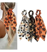 3Pcs Halloween Hair Scarf Scrunchies, Bat Spider Web Print Elastic Hair Ties, Long Ribbon Bow Pon...