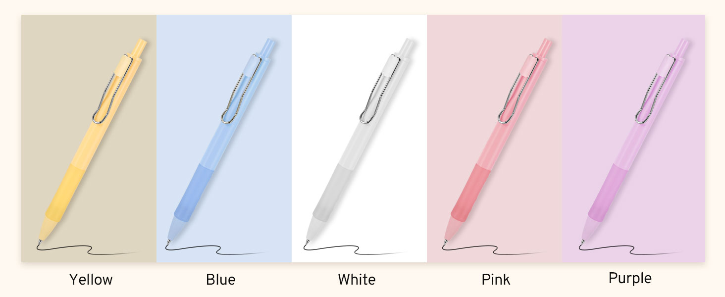 Five retractable ballpoint pens in different pastel colors: yellow, blue, white, pink, and purple. Each pen has a slim body and a metallic clip.