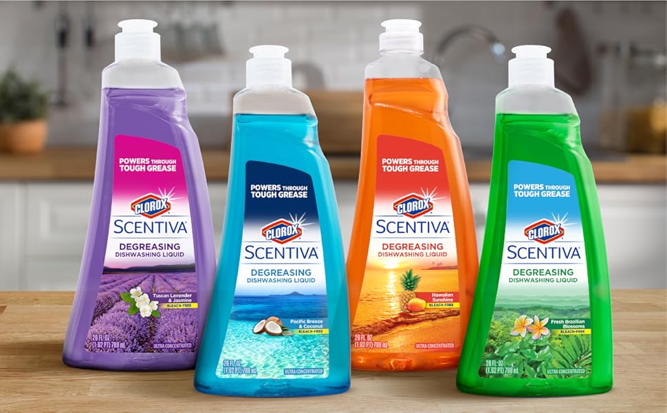 Scentiva, Clorox, Dish soap, Lavender, Coconut, Fresh Brazilian Blossoms,