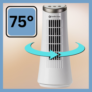 comfort zone tower fan oscillates to 75 degrees