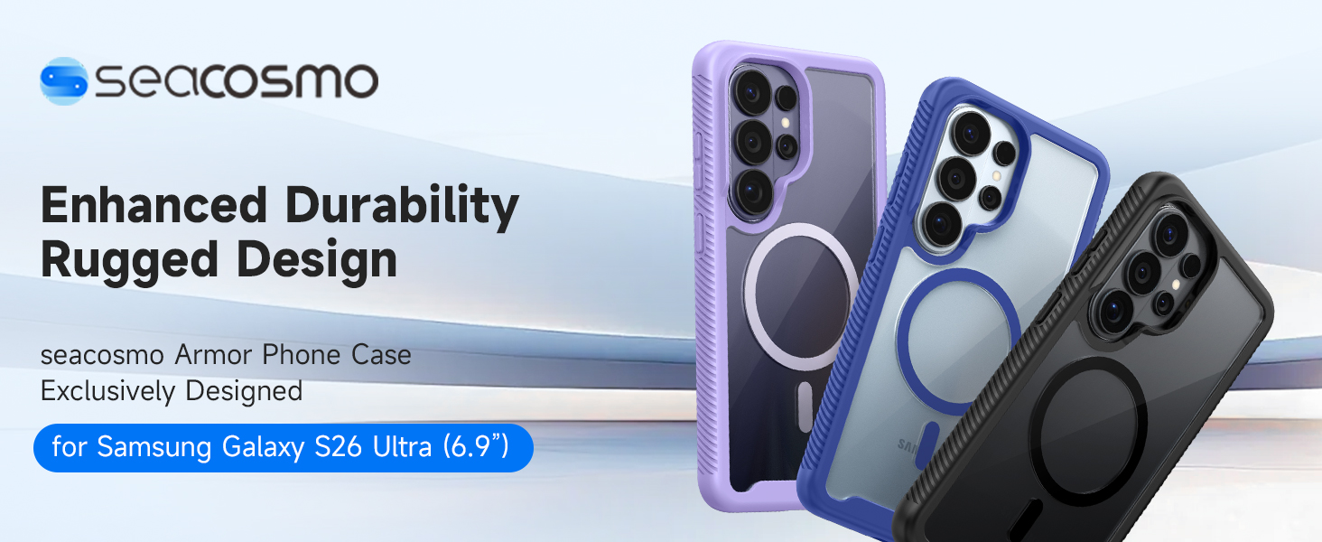 Text reads 'sacosmo Enhanced Durability Rugged Design. Xiaomi Armor Phone Case Exclusively Designed. For Samsung Galaxy S24 Ultra (6.9').' Display of protective phone cases in purple and black with magnetic ring design shown from multiple angles.
