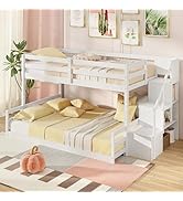 Giantex Twin Over Full Bunk Bed with Stairs, Solid Wood Floor Bunk Bed with Storage Staircase & F...