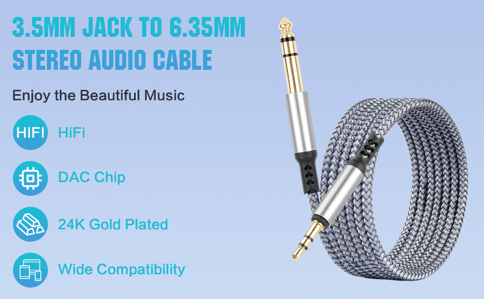 3.5mm to 6.35mm Audio Cable 1/8 to 1/4 TRS Stereo Cable Guitar Stereo Audio Male Cable with