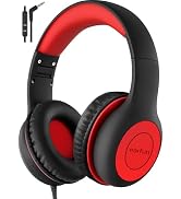 Over-ear headphones featuring black and red color scheme with padded headband and ear cushions. Includes detachable audio cable visible in corner.