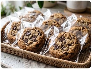 Clear cello-bagged cookies arranged in a woven basket, ready to gift or sell