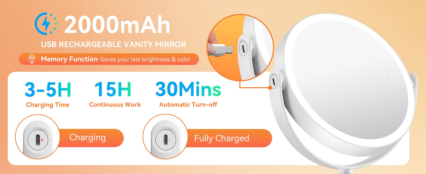 2000mAh rechargeable vanity mirror, USB powered, memory function, 15h working time, auto shut-off
