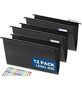 SortRax Plastic Legal Size Hanging File Folders, 12 Pack Black Hanging Folders, with Insertable 1...