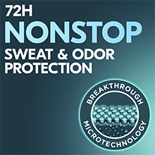 Breakthrough Microtechnology icon with 72H Nonstop sweat and odor protection text