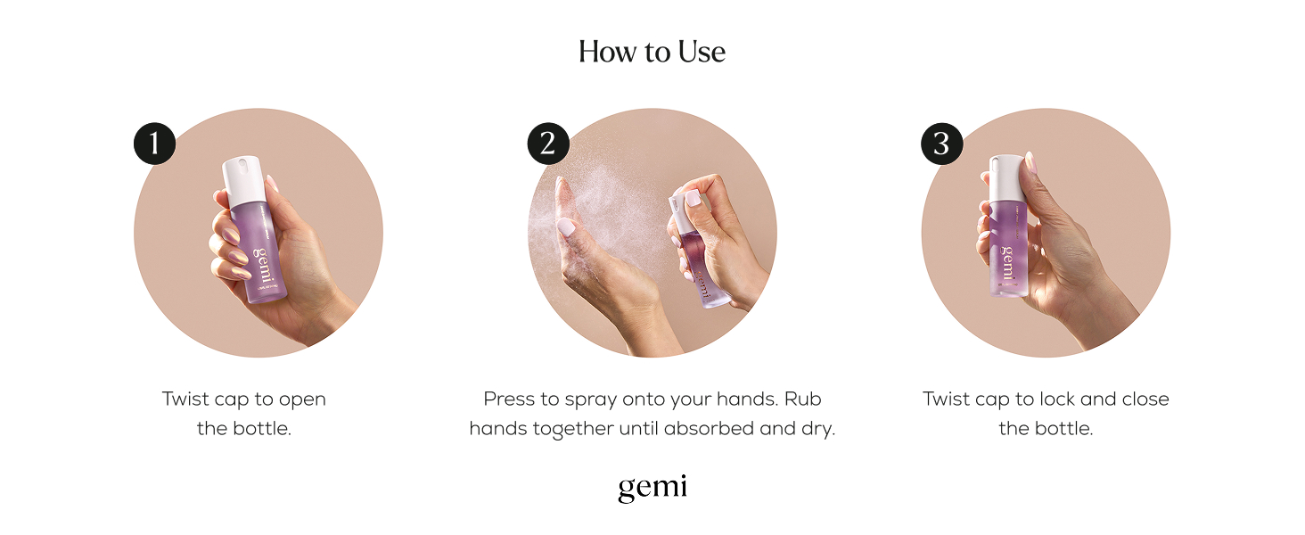 how to use - twist cap to open, press to spray, rub hands together, twist cap to lock and close