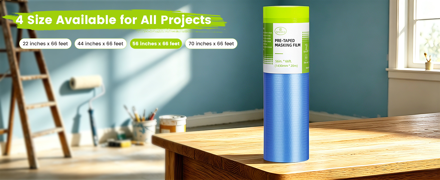 56" x 66' pretaped masking film for wall, furniture, car body coverage