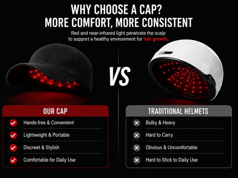 Comparison of a red light cap and a helmet-style device, highlighting their design differences.
