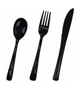 HEIPINIUYE 75 Pack Black Plastic Cutlery Heavy Duty Black Plastic Knives Forks and Spoons Disposa...