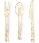 Lullaby 300PCS Gold Plastic Silverware, Gold Glitter Utensil Disposable, Heavy Duty Plastic Cutle...