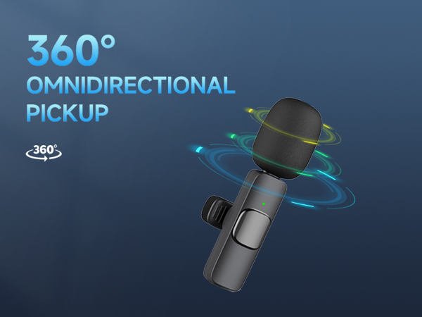Microphone with 360-degree omnidirectional pickup capability, illustrated by a circular blue pattern around a black microphone.