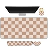 Beige Khaki Checkered Mouse Pad Set, 4 in1 Large Gaming Ergonomics Keyboard Desk Mat with Memory ...