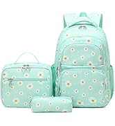 YJMKOI 3Pcs Daisy Prints Backpack for Girls Middle-School Elementary Students Bookbag Set with Lu...