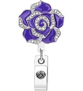 Purple Rose Flower Diamond Badge Reel Retractable Glitter ID Badge Holder with Alligator Clip ID ...