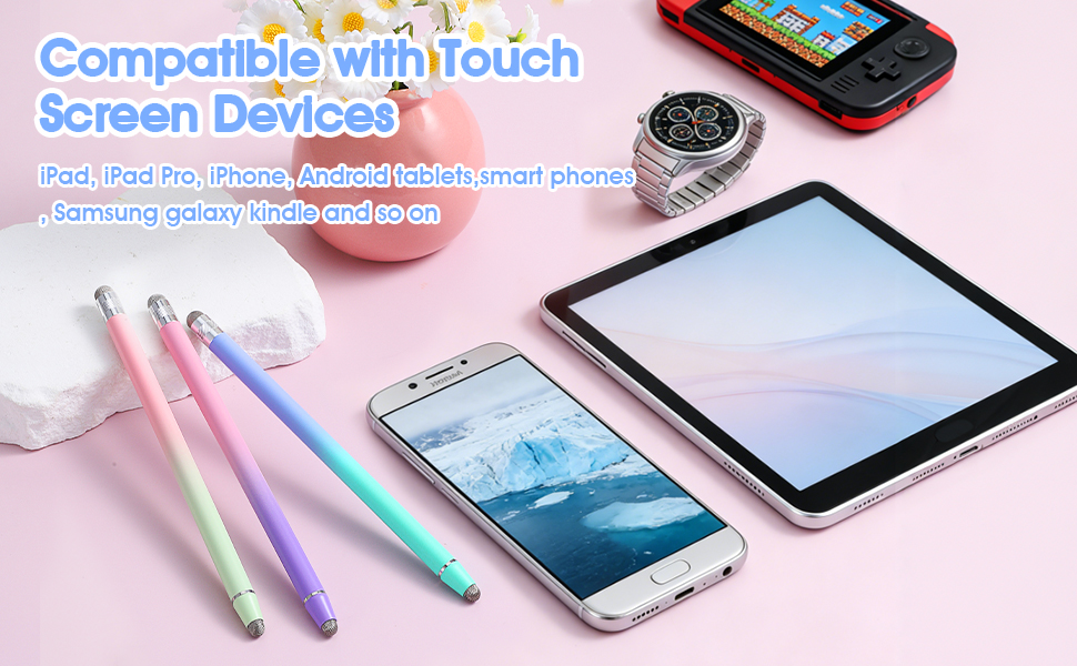 Text reads 'Compatible with Touch Screen Devices'. Product display showing styluses and digital devices on pink background with various tablets and smartphones.