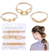 TUCEWP Bracelet Hair Ties for Women Girls 3Pcs Beige Gold Metal Elastic Hair Ties for Long Thick ...