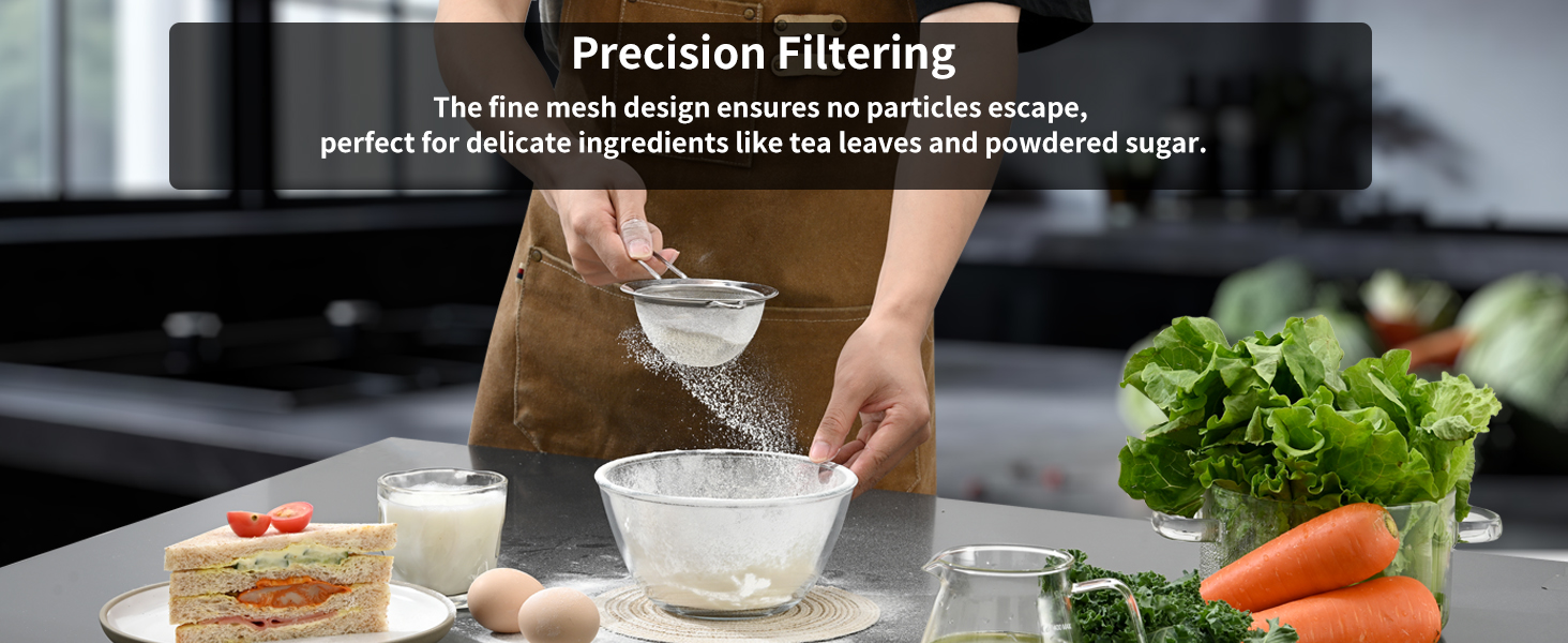 304 stainless steel fine mesh strainer for precision filtering, ideal for tea, powdered sugar.