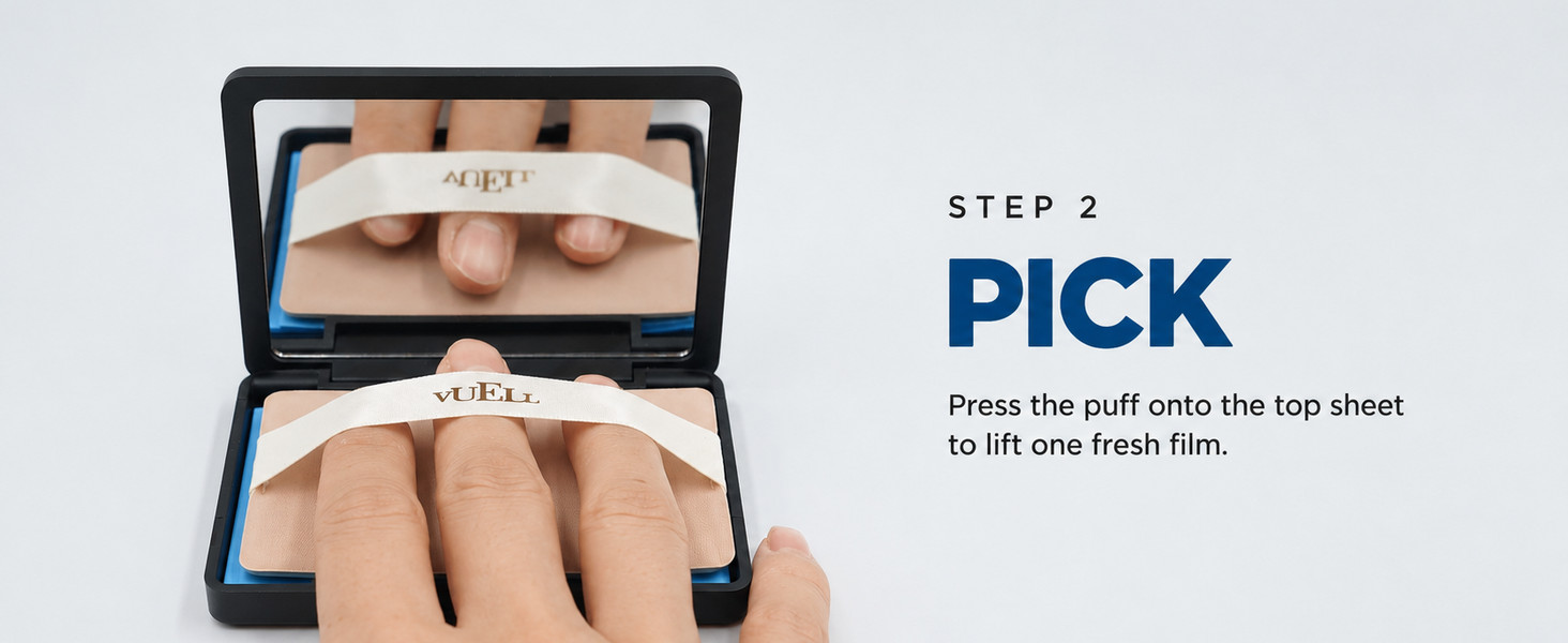 VUELL puff applicator lifts fresh oil blotting film from mirror case