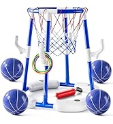 2-in-1 Pool Basketball Hoop & Ring Games with 4 Balls 12 Rings and Pump, Summer Water Outdoor Par...