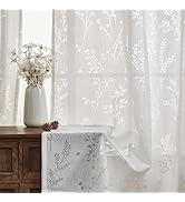 White Boho Sheer Curtain 63 Inch Length for Living Room Home Decoration Grommet Floral Elegant Wi...